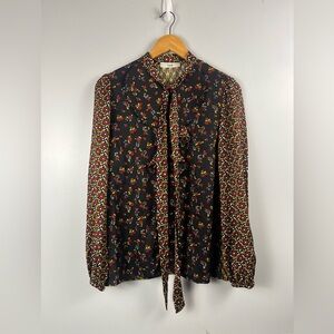 Suoli button down neck tie ruffle multi print blouse black red yellow size 42